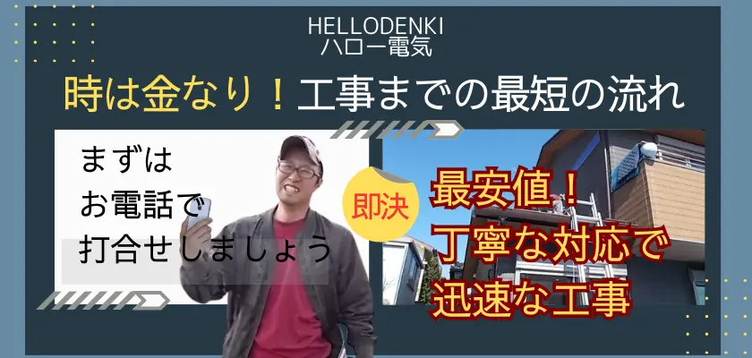 ハロー電気の工事までの流れは非常に効率的です。まずはお電話で打ち合わせを行い、即決で最安値でサービスを提供します。丁寧な対応と迅速な工事が特徴です。地元の信頼できる業者として、多くのご依頼をいただいてきました。専門的な技術で安心してご利用いただけるサービスを提供しています。ご不明点があればお問い合わせください。迅速な対応でお客様の不便を最小限に抑えることを目指しています。